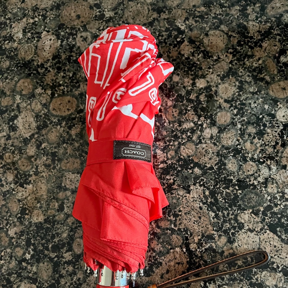 Coach Red Compact Umbrella with White Graphic Accents